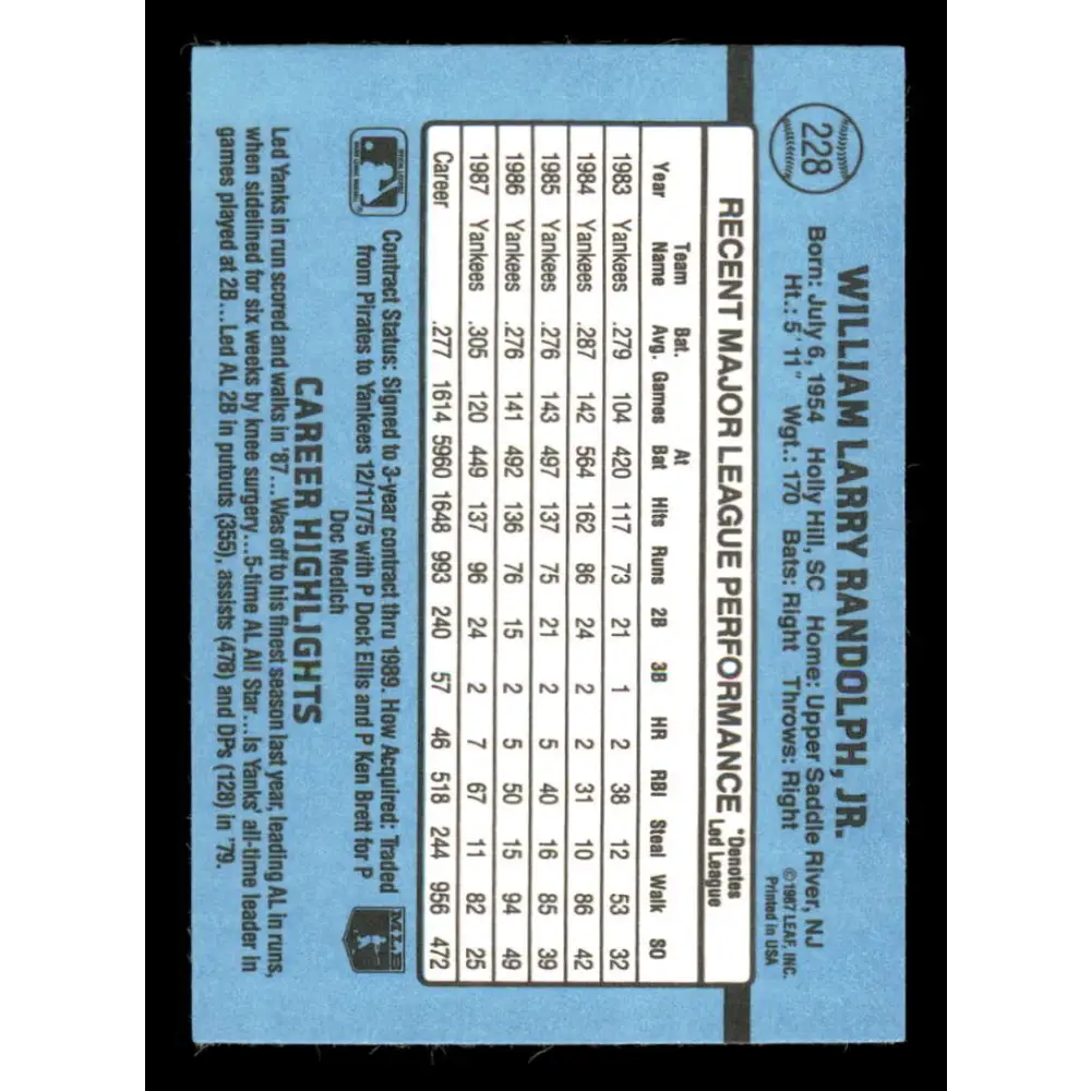 1988 Donruss #228 Willie Randolph EX New York Yankees Baseball Card Image 2