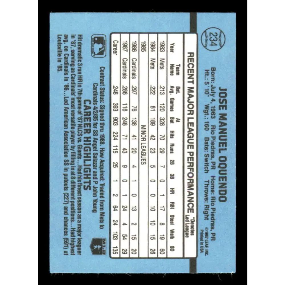 1988 Donruss #234 Jose Oquendo EX St. Louis Cardinals Baseball Card Image 2