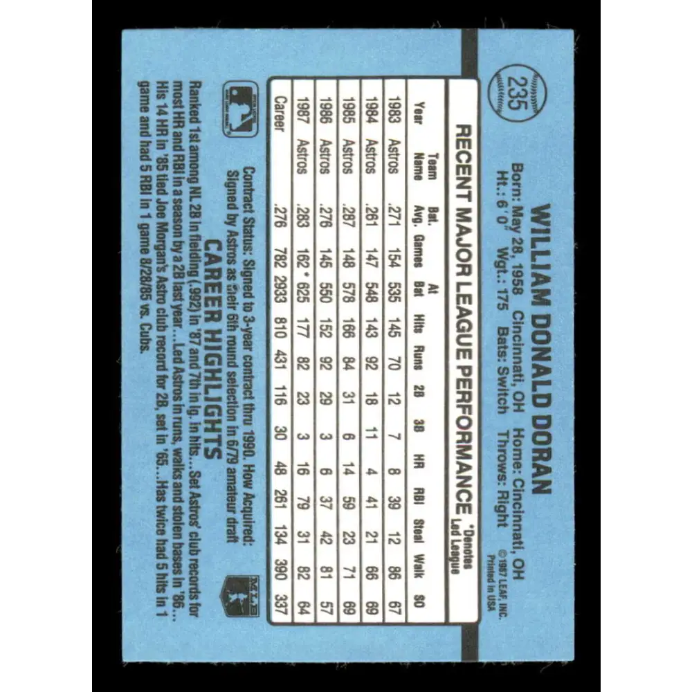 1988 Donruss #235 Bill Doran EX Houston Astros Baseball Card Image 2