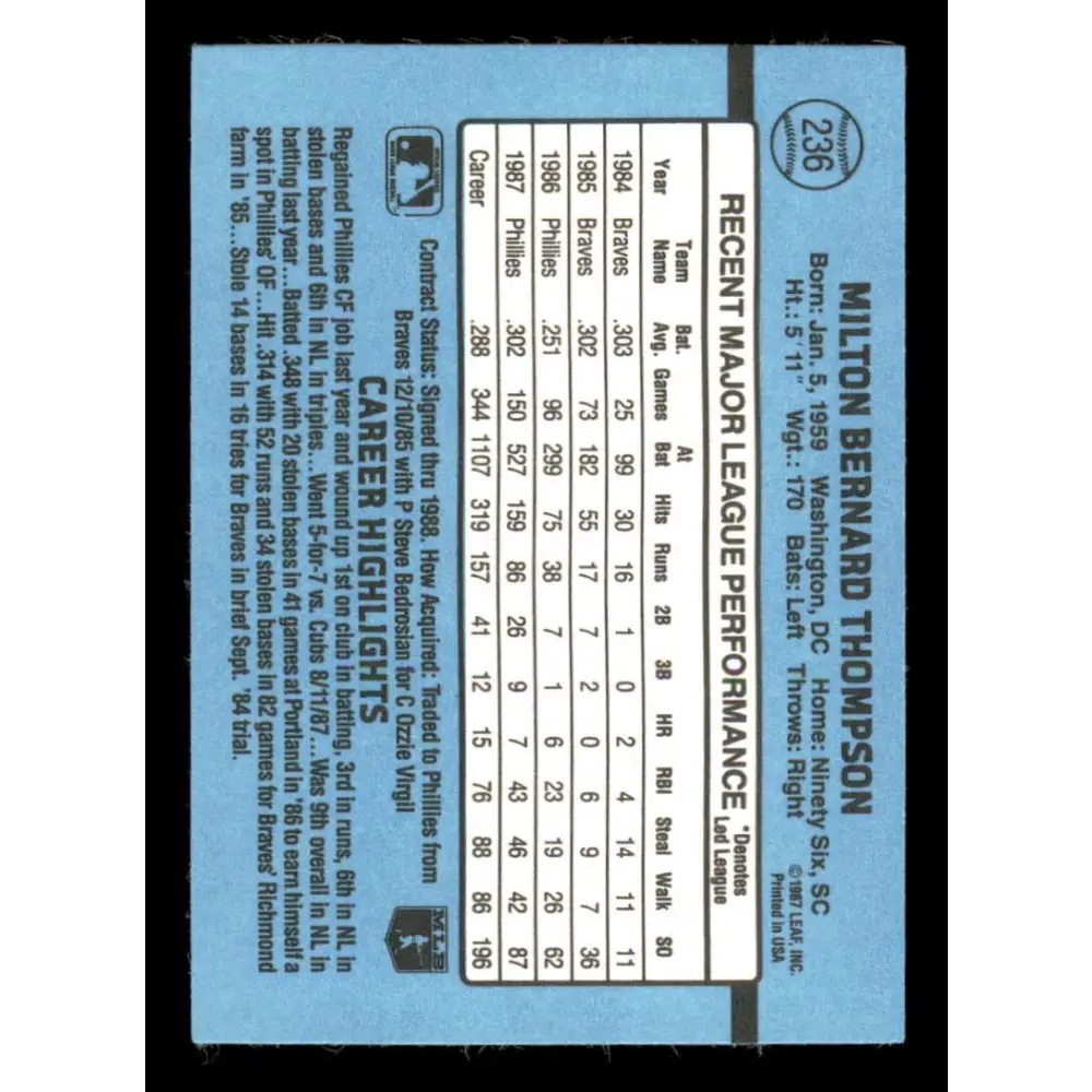 1988 Donruss #236 Milt Thompson EX Philadelphia Phillies Baseball Card Image 2
