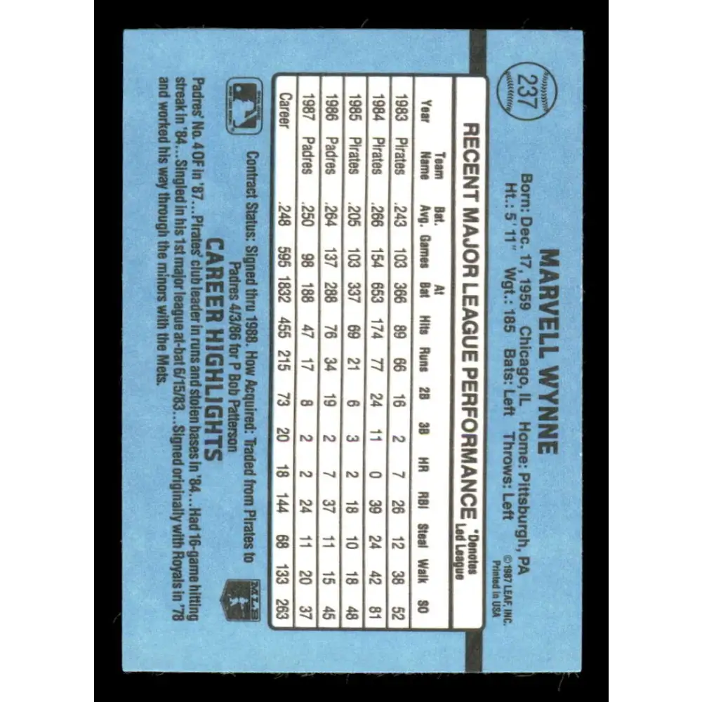1988 Donruss #237 Marvell Wynne EX San Diego Padres Baseball Card Image 2
