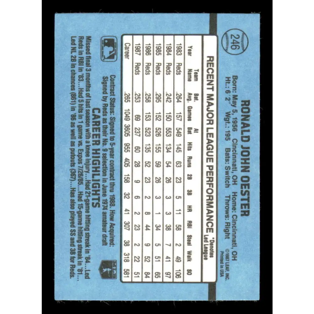 1988 Donruss #246 Ron Oester EX Cincinnati Reds Baseball Card Image 2