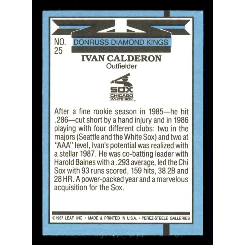 1988 Donruss #25 Ivan Calderon DK EX Chicago White Sox Baseball Card Image 2