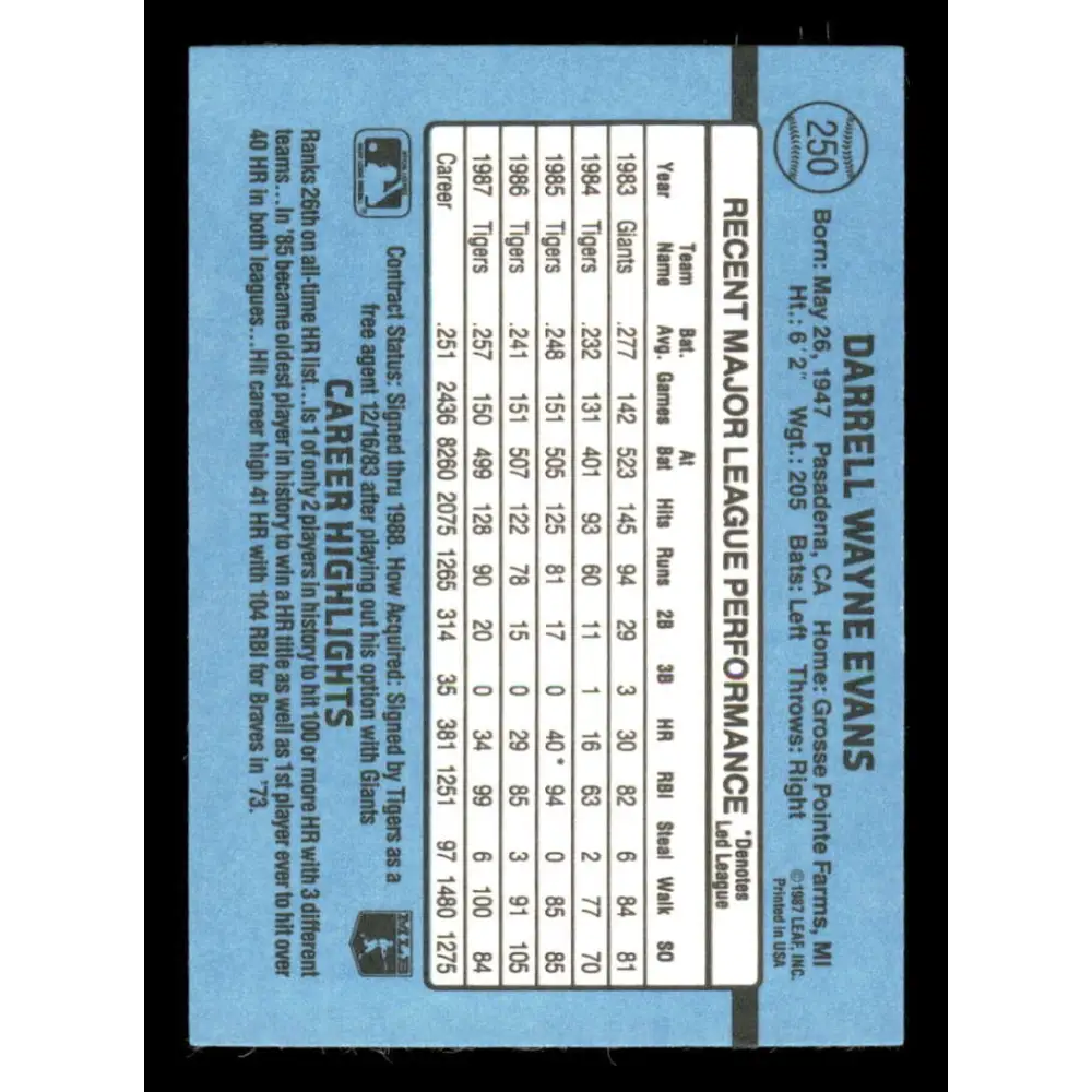 1988 Donruss #250 Darrell Evans EX Detroit Tigers Baseball Card Image 2