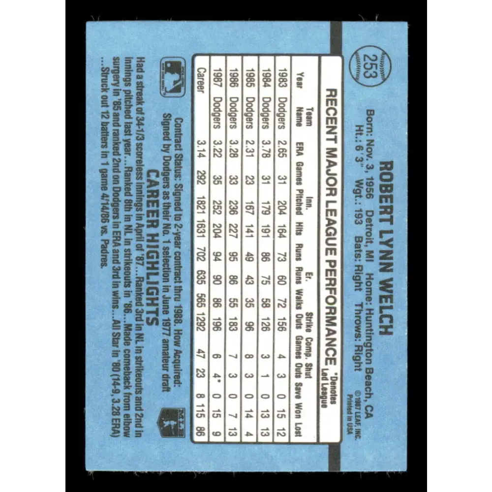1988 Donruss #253 Bob Welch EX Los Angeles Dodgers Baseball Card Image 2