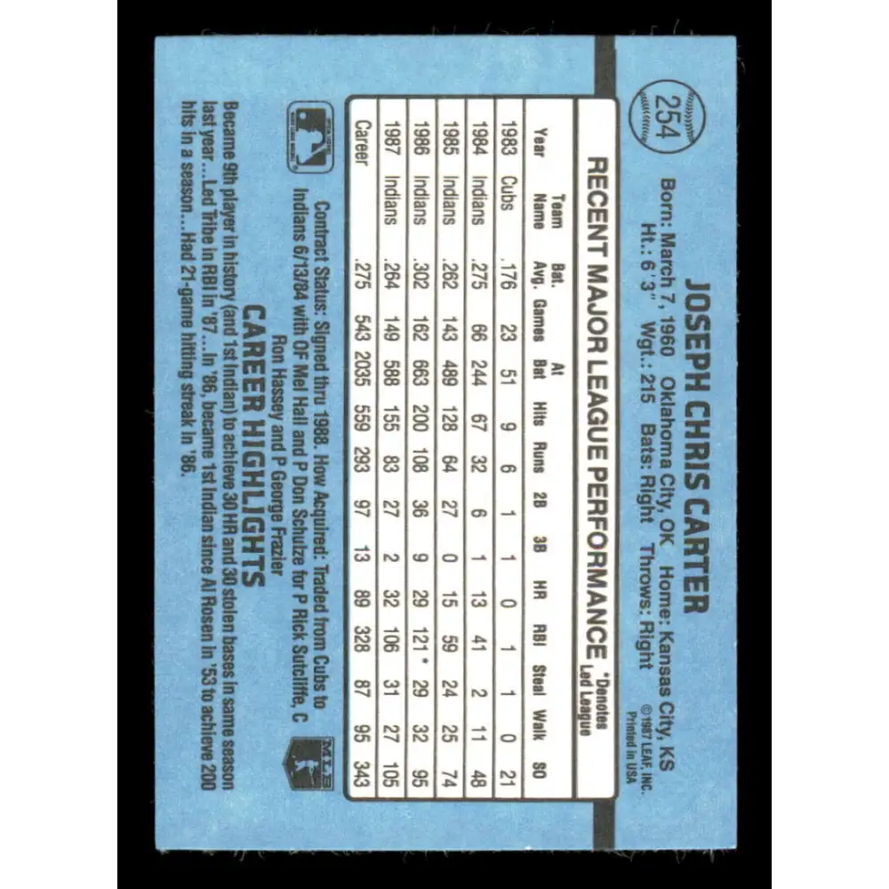 1988 Donruss #254 Joe Carter EX Cleveland Indians Baseball Card Image 2