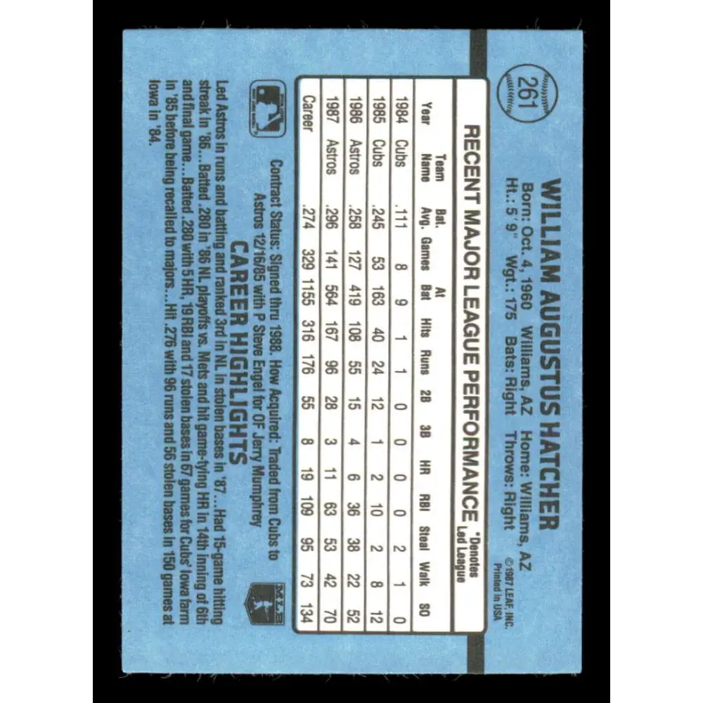 1988 Donruss #261 Billy Hatcher EX Houston Astros Baseball Card Image 2