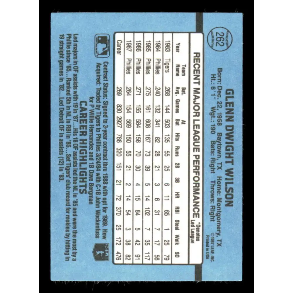 1988 Donruss #262 Glenn Wilson EX Philadelphia Phillies Baseball Card Image 2