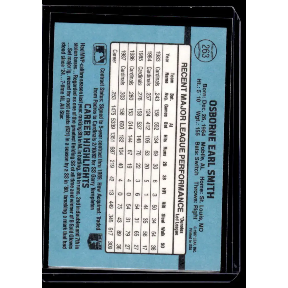 1988 Donruss #263 Ozzie Smith St. Louis Cardinals NM-MT Baseball Card Image 2