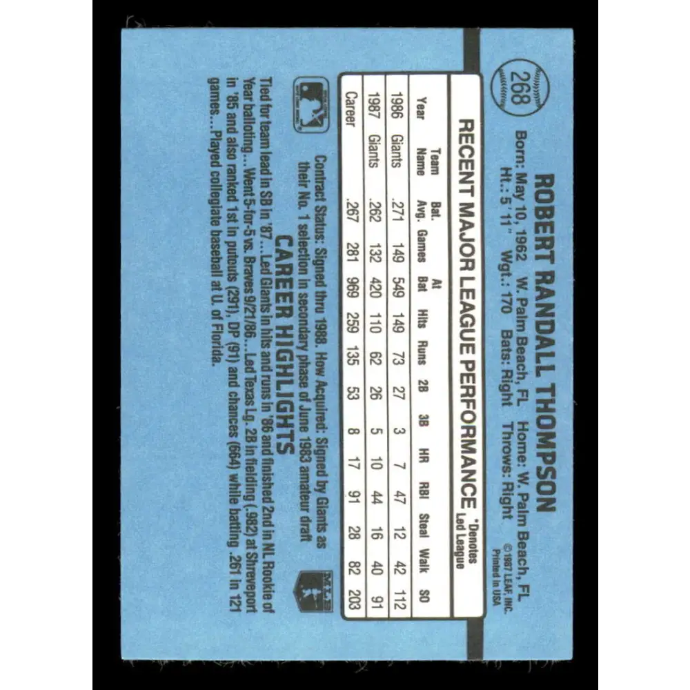 1988 Donruss #268 Robby Thompson EX San Francisco Giants Baseball Card Image 2