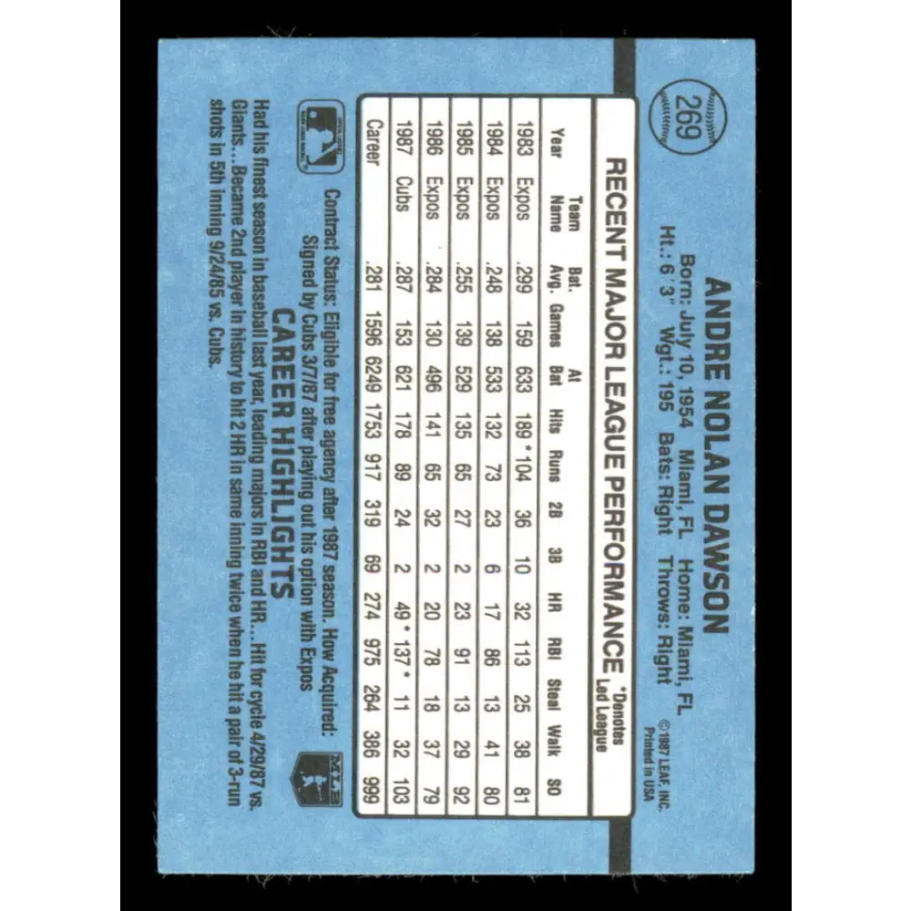 1988 Donruss #269 Andre Dawson EX Chicago Cubs Baseball Card Image 2