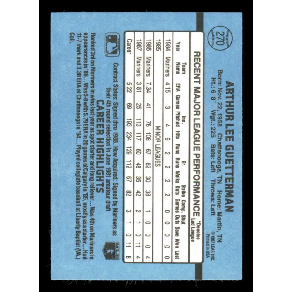 1988 Donruss #270 Lee Guetterman EX Seattle Mariners Baseball Card Image 2