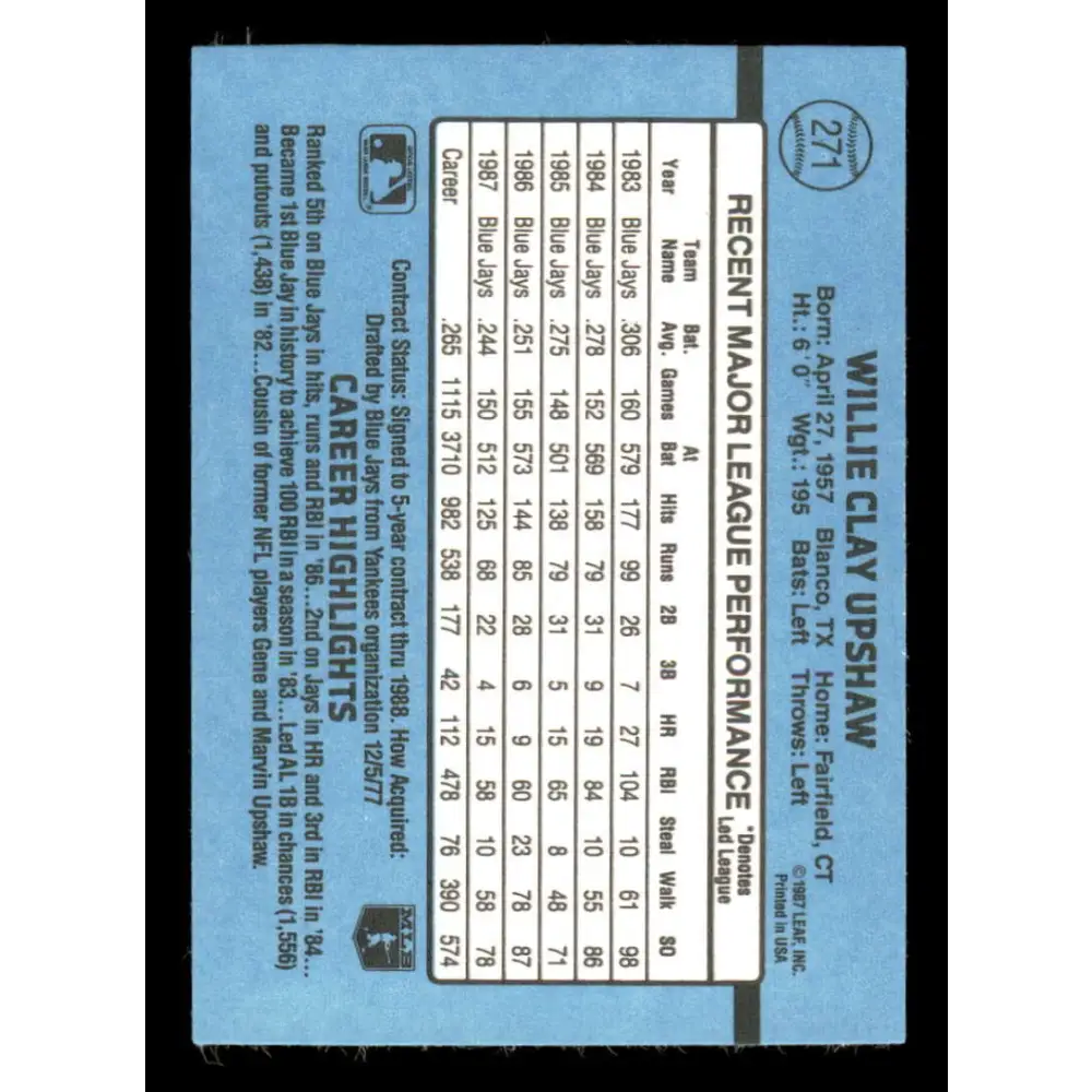 1988 Donruss #271 Willie Upshaw EX Toronto Blue Jays Baseball Card Image 2