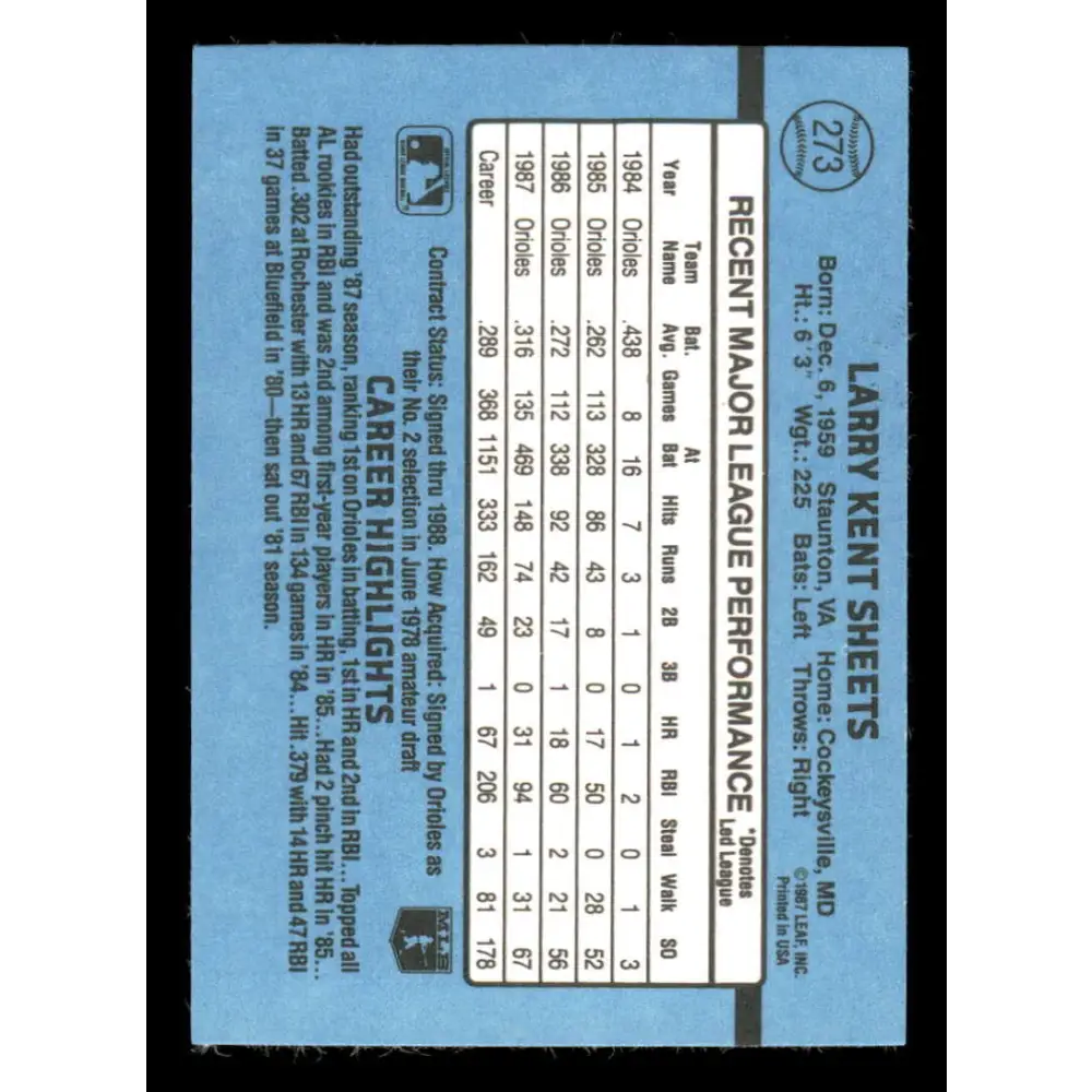 1988 Donruss #273 Larry Sheets EX Baltimore Orioles Baseball Card Image 2