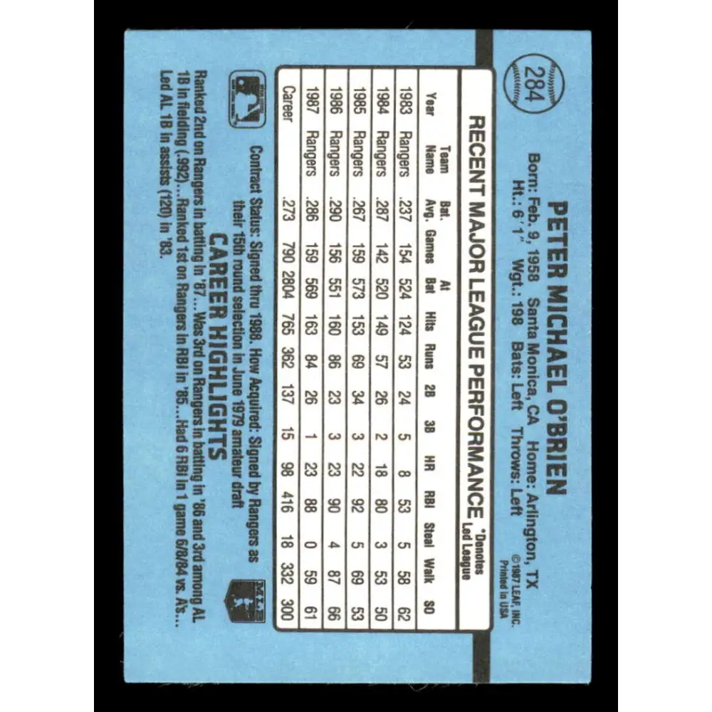 1988 Donruss #284 Pete O'Brien EX Texas Rangers Baseball Card Image 2
