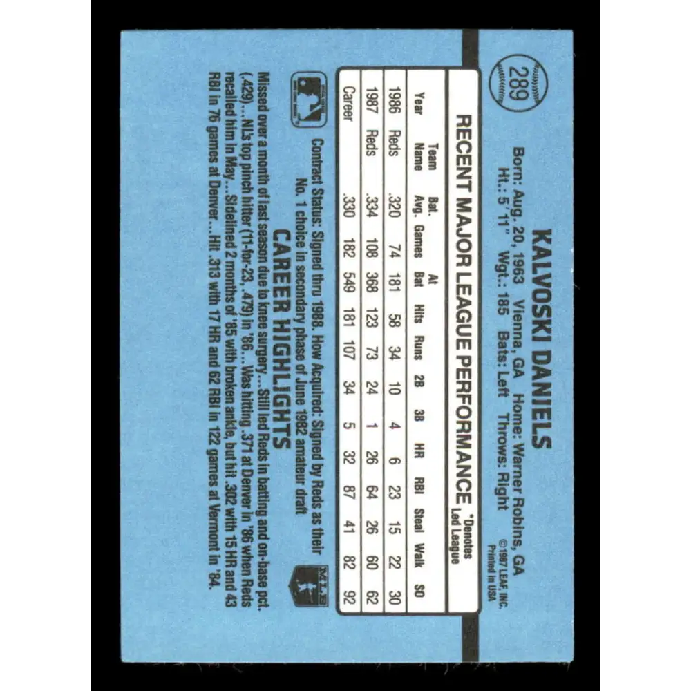 1988 Donruss #289 Kal Daniels EX Cincinnati Reds Baseball Card Image 2