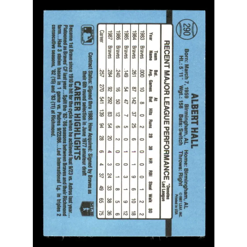 1988 Donruss #290 Albert Hall EX Atlanta Braves Baseball Card Image 2
