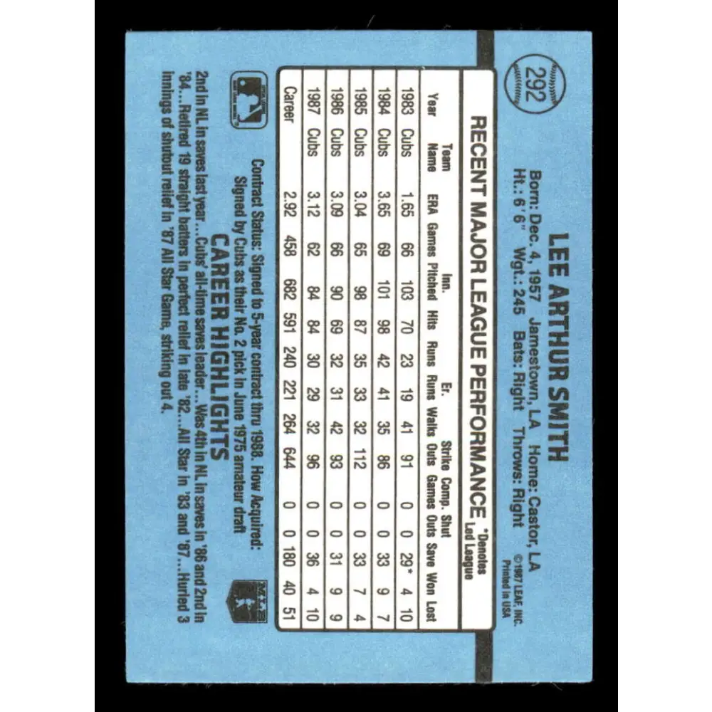 1988 Donruss #292 Lee Smith EX Chicago Cubs Baseball Card Image 2