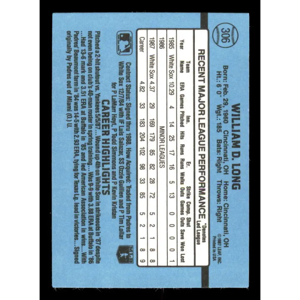 1988 Donruss #306 Bill Long EX RC Rookie Chicago White Sox Baseball Card Image 2