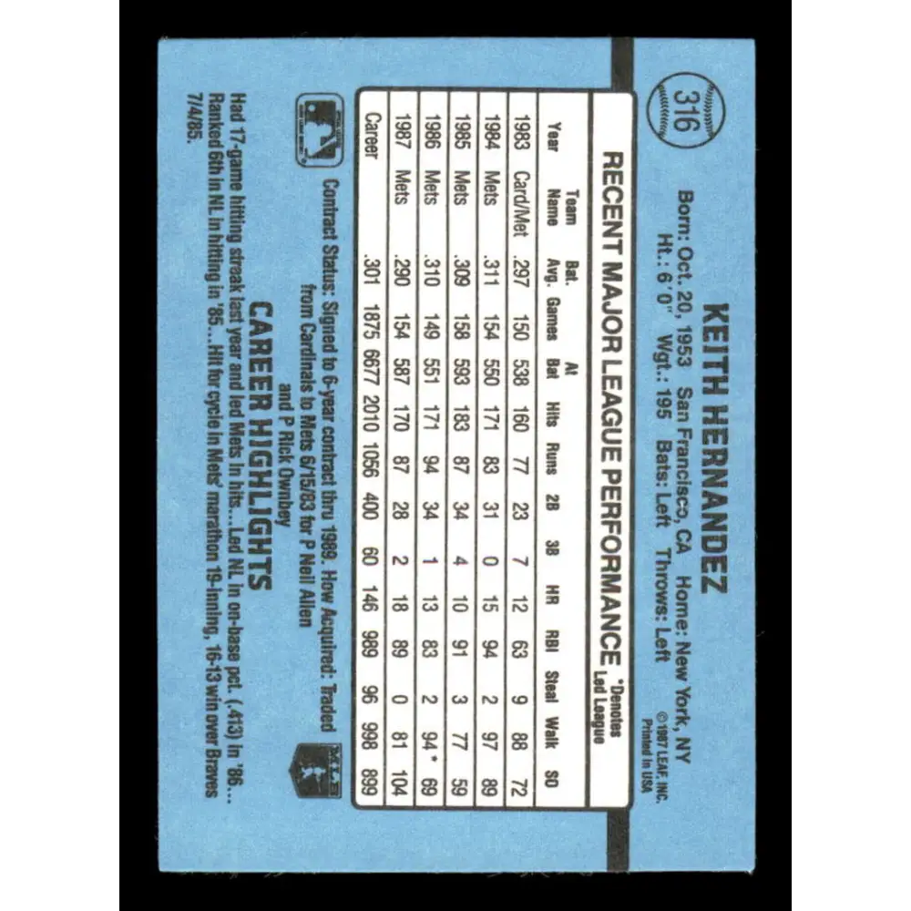 1988 Donruss #316 Keith Hernandez EX New York Mets Baseball Card Image 2