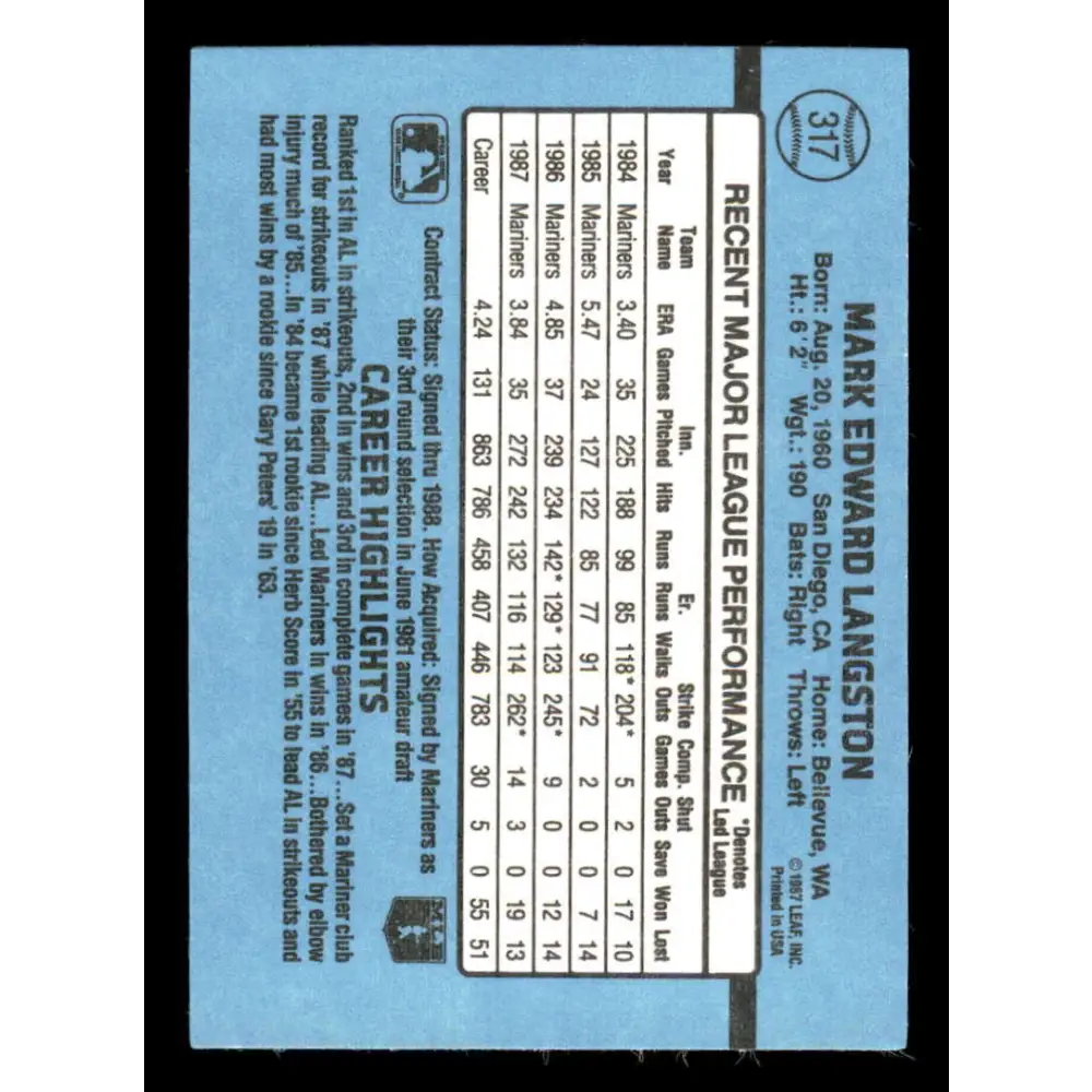 1988 Donruss #317 Mark Langston EX Seattle Mariners Baseball Card Image 2