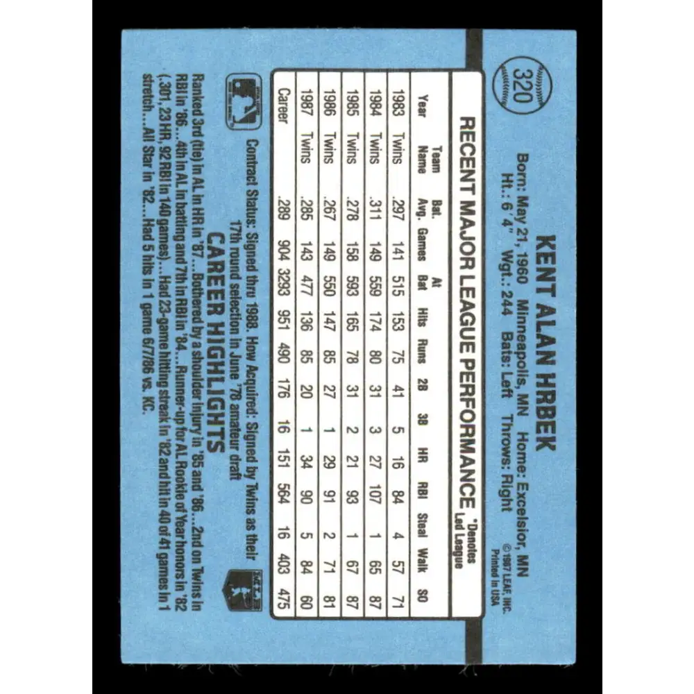 1988 Donruss #320 Kent Hrbek EX Minnesota Twins Baseball Card Image 2