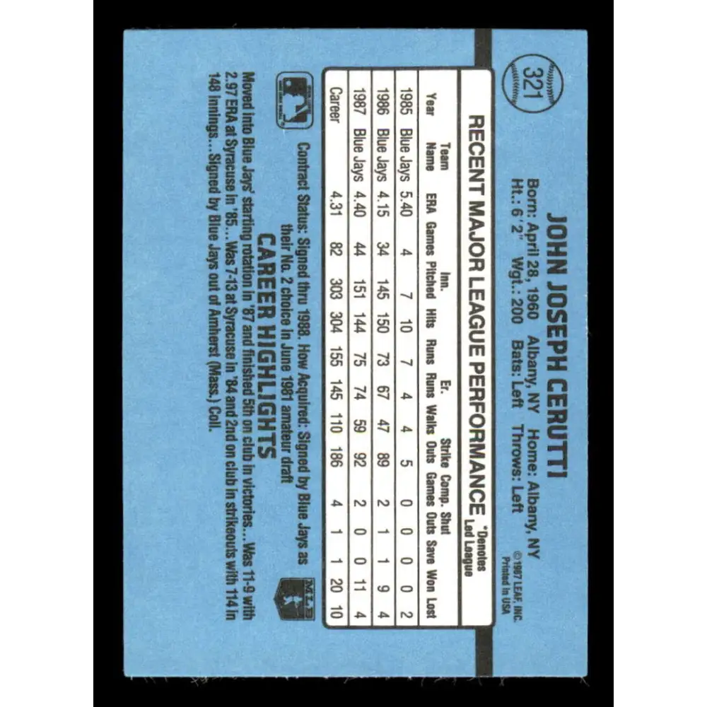 1988 Donruss #321 John Cerutti EX Toronto Blue Jays Baseball Card Image 2
