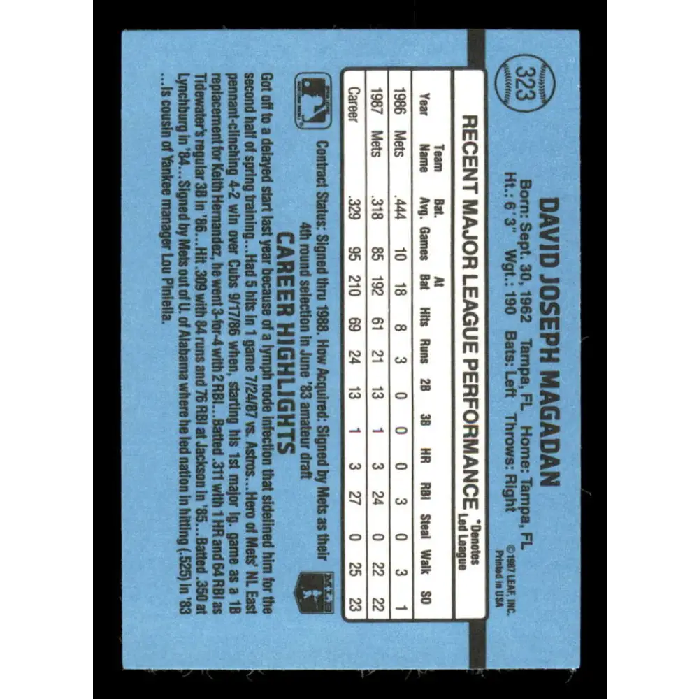 1988 Donruss #323 Dave Magadan EX New York Mets Baseball Card Image 2