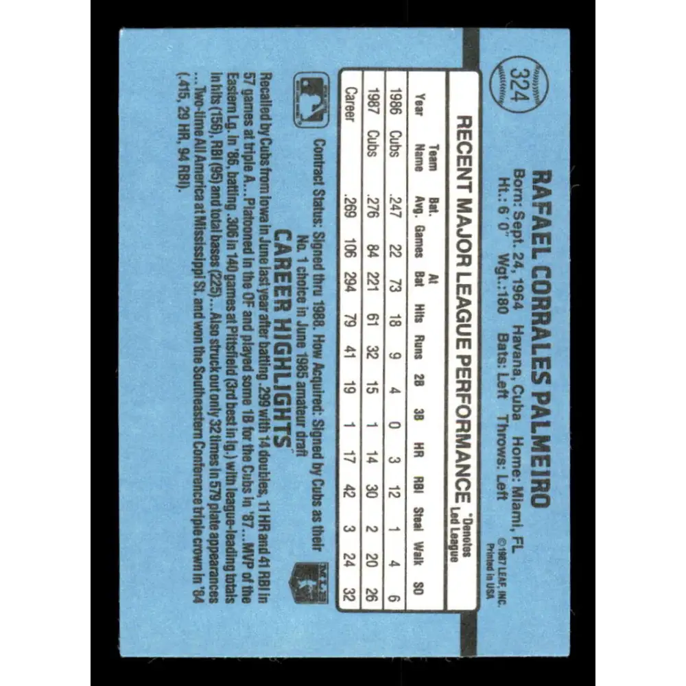 1988 Donruss #324 Rafael Palmeiro EX Chicago Cubs Baseball Card Image 2