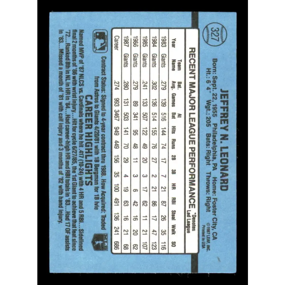 1988 Donruss #327 Jeffrey Leonard EX San Francisco Giants Baseball Card Image 2