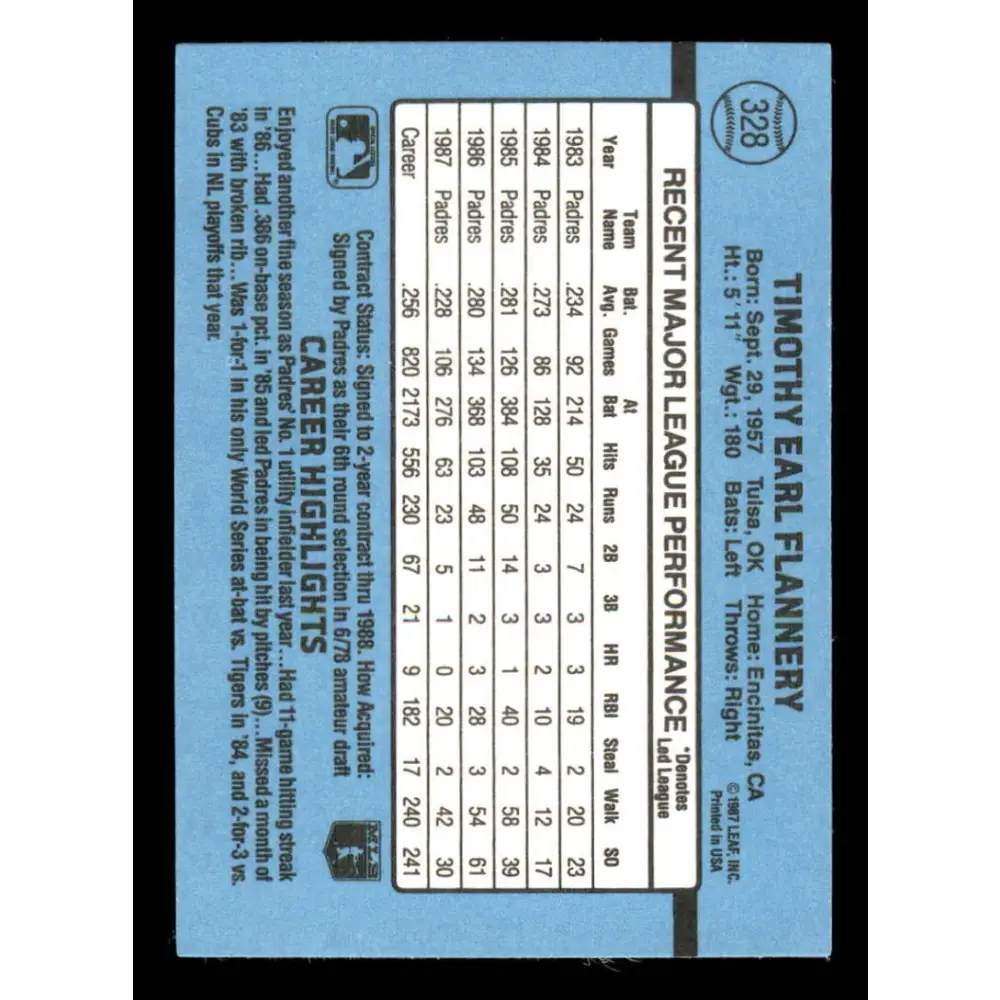 1988 Donruss #328 Tim Flannery EX San Diego Padres Baseball Card Image 2