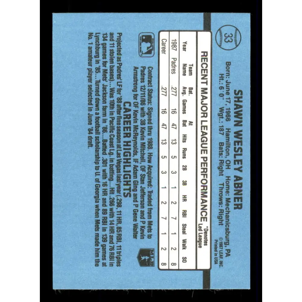 1988 Donruss #33 Shawn Abner EX San Diego Padres Baseball Card Image 2