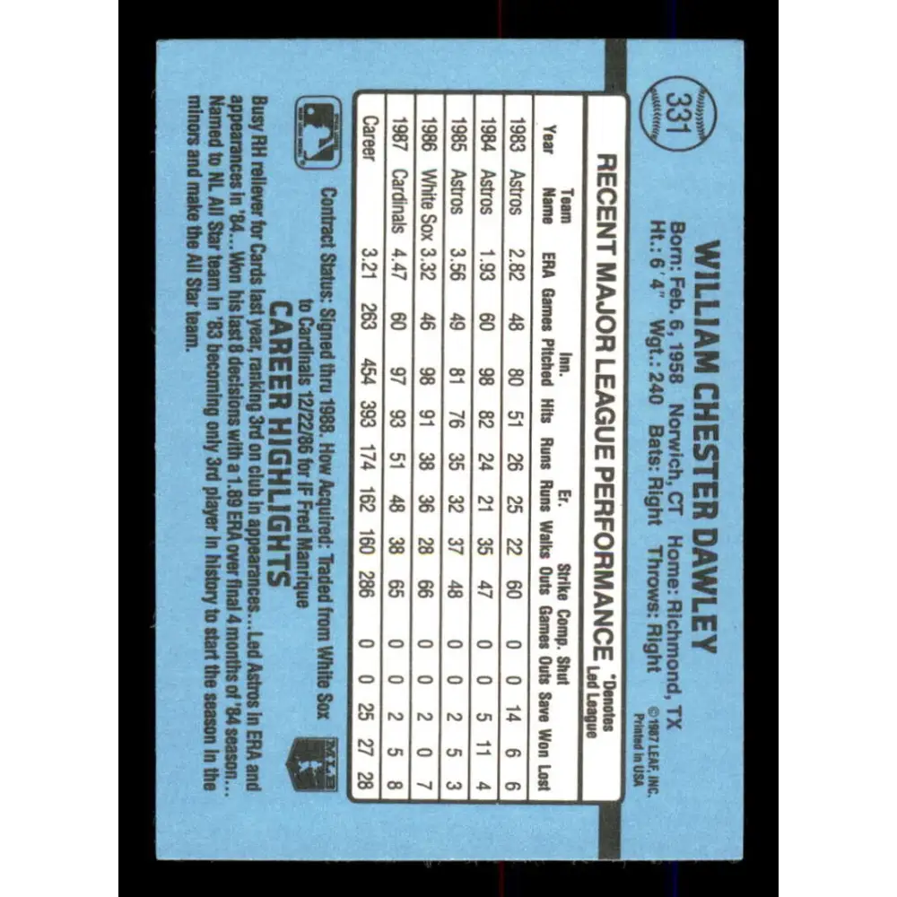 1988 Donruss #331 Bill Dawley EX St. Louis Cardinals Baseball Card Image 2