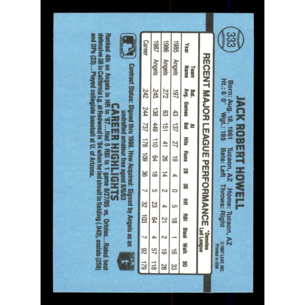 1988 Donruss #333 Jack Howell EX California Angels Baseball Card Image 2