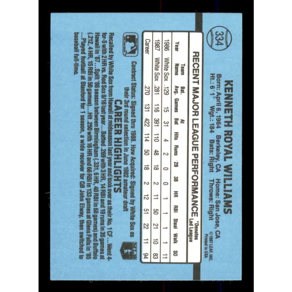 1988 Donruss #334 Kenny Williams EX Chicago White Sox Baseball Card Image 2