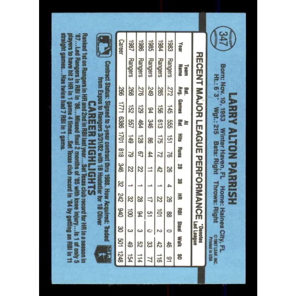 1988 Donruss #347 Larry Parrish EX Texas Rangers Baseball Card Image 2