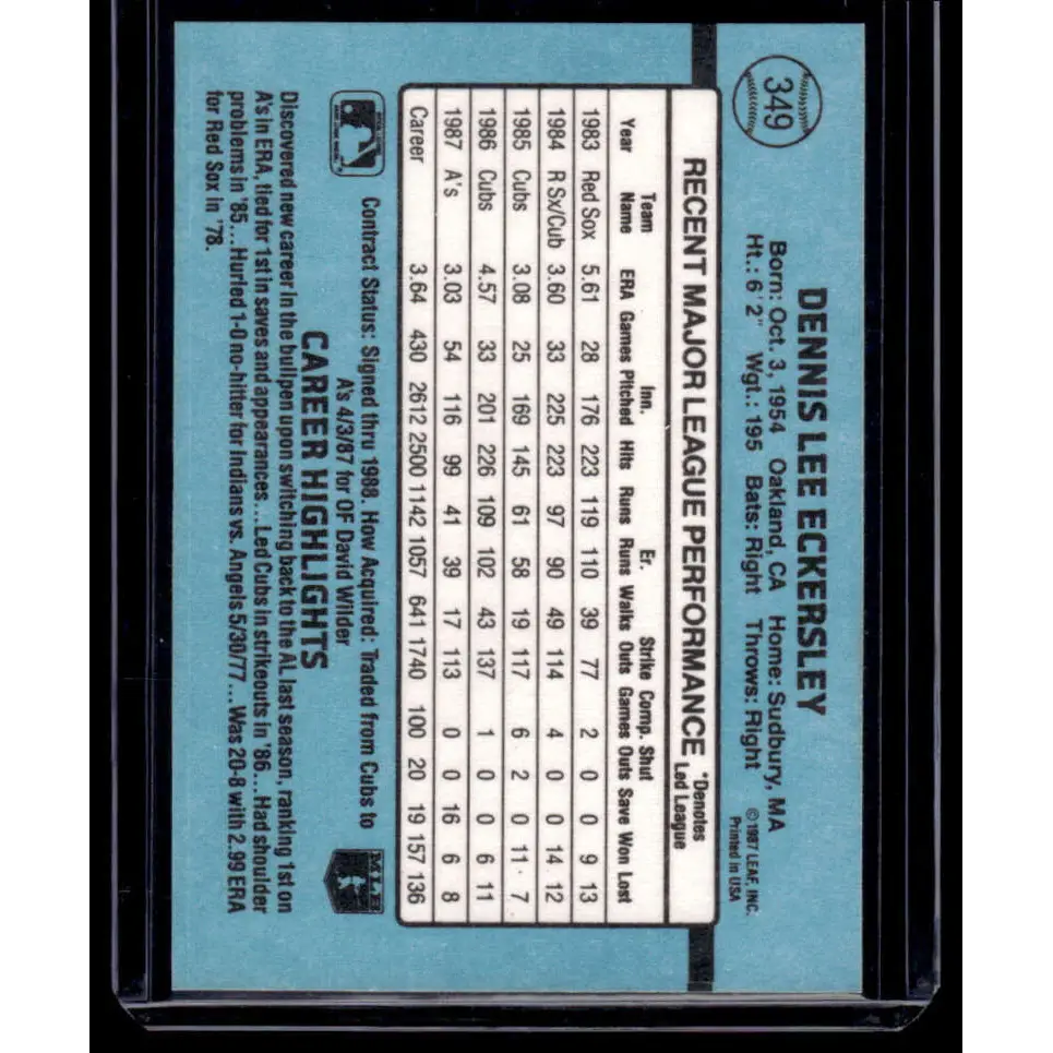 1988 Donruss #349 Dennis Eckersley EX Oakland Athletics Baseball Card Image 2