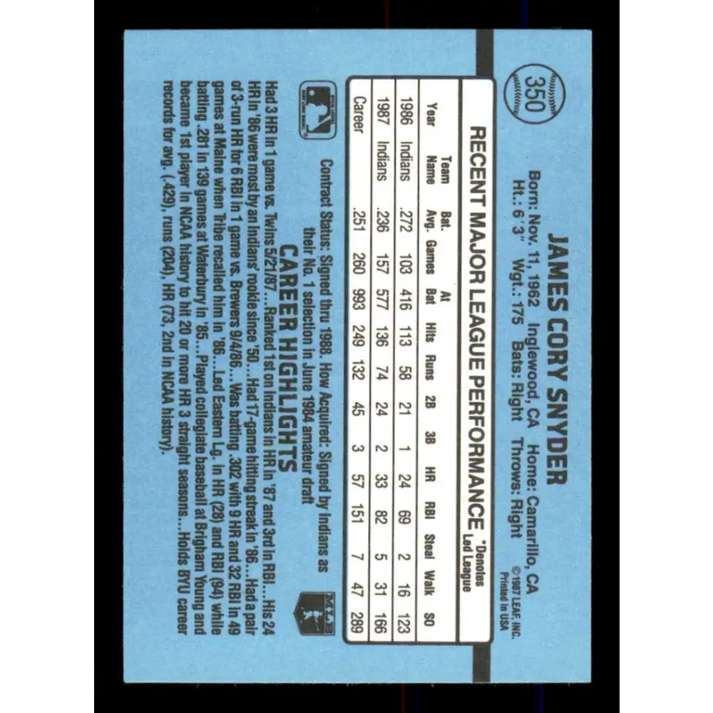 1988 Donruss #350 Cory Snyder EX Cleveland Indians Baseball Card Image 2