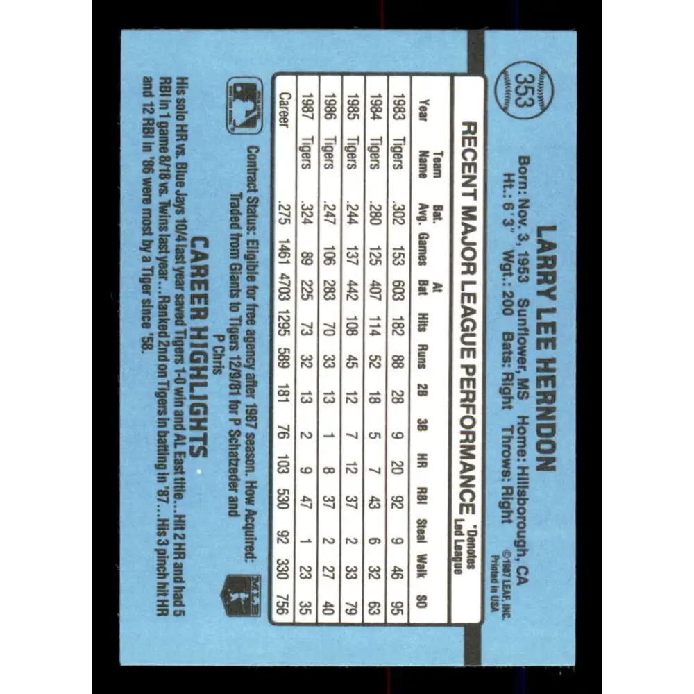 1988 Donruss #353 Larry Herndon EX Detroit Tigers Baseball Card Image 2