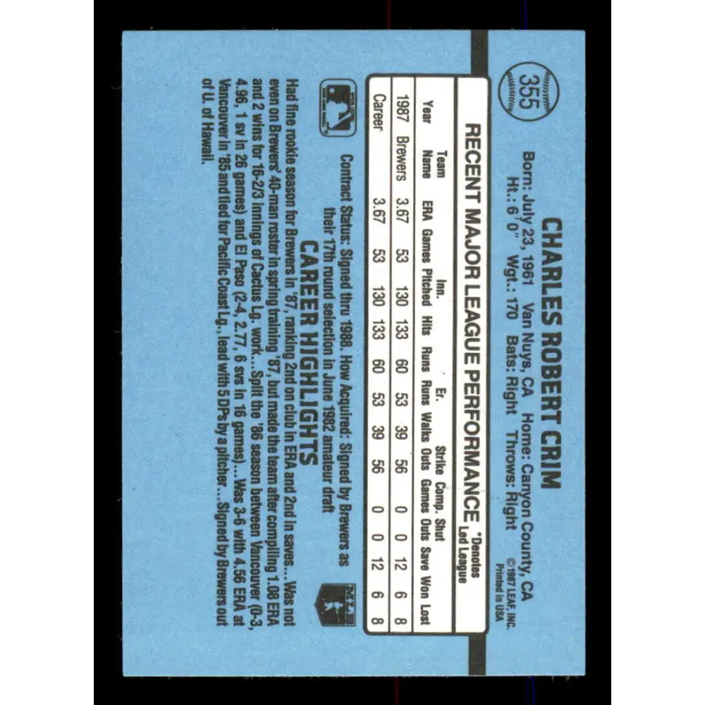 1988 Donruss #355 Chuck Crim EX Milwaukee Brewers Baseball Card Image 2