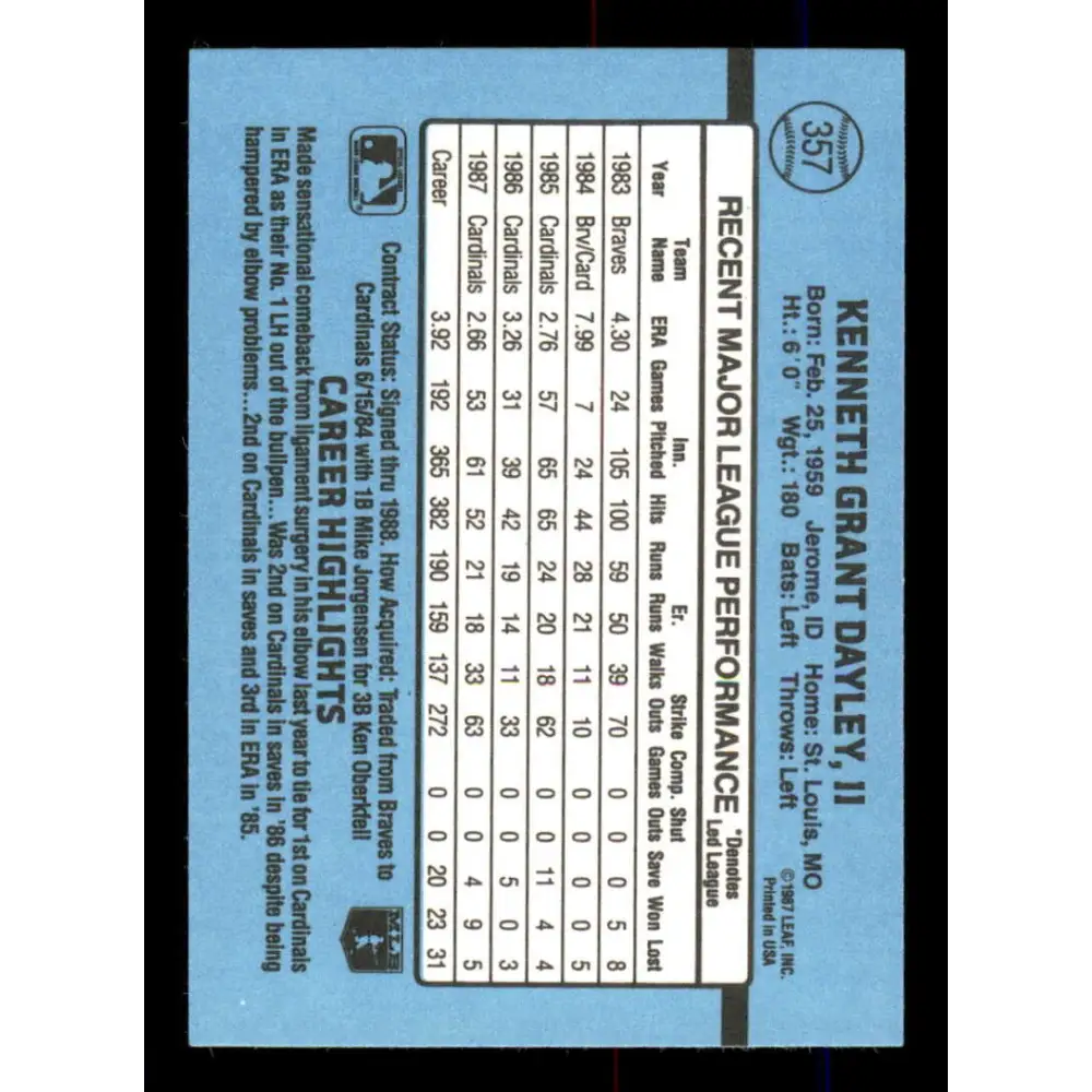 1988 Donruss #357 Ken Dayley EX St. Louis Cardinals Baseball Card Image 2