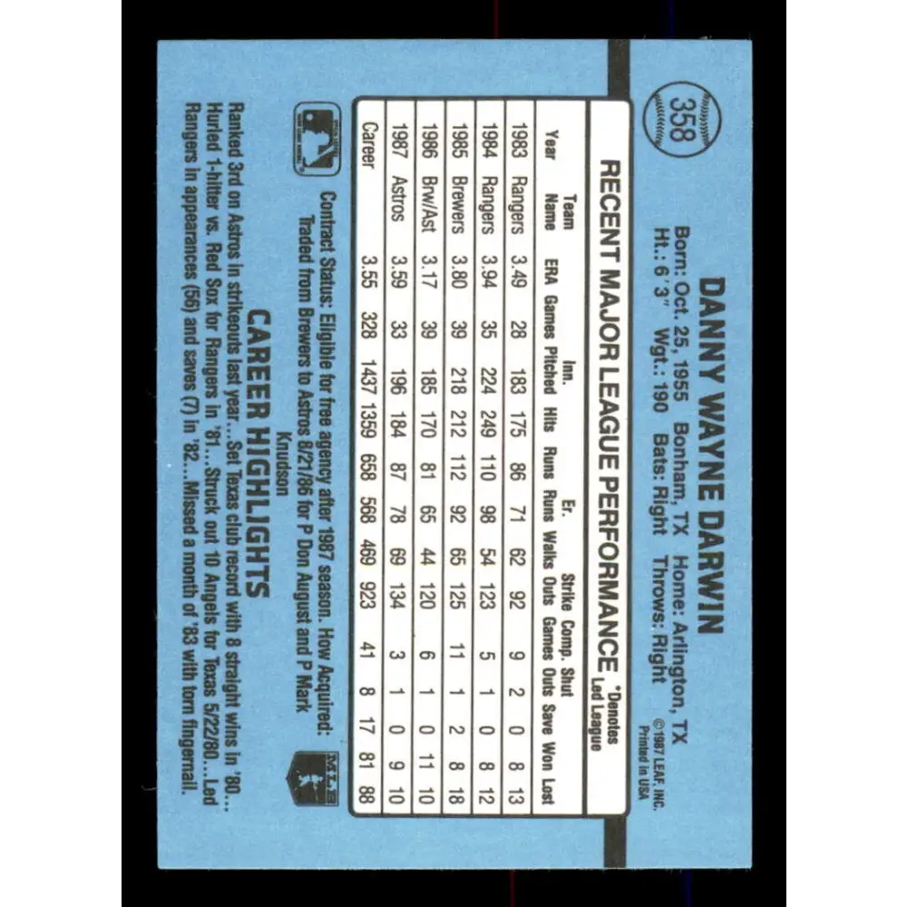 1988 Donruss #358 Danny Darwin EX Houston Astros Baseball Card Image 2