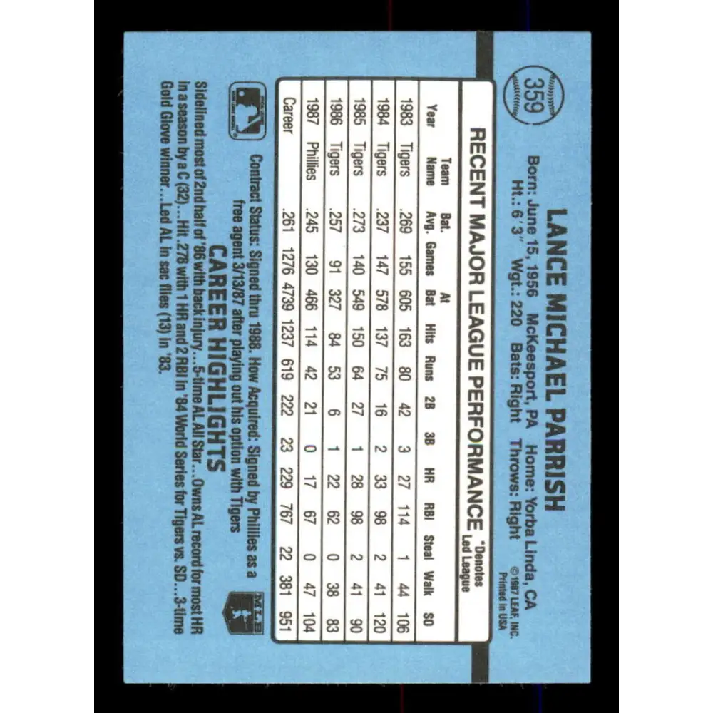 1988 Donruss #359 Lance Parrish EX Philadelphia Phillies Baseball Card Image 2