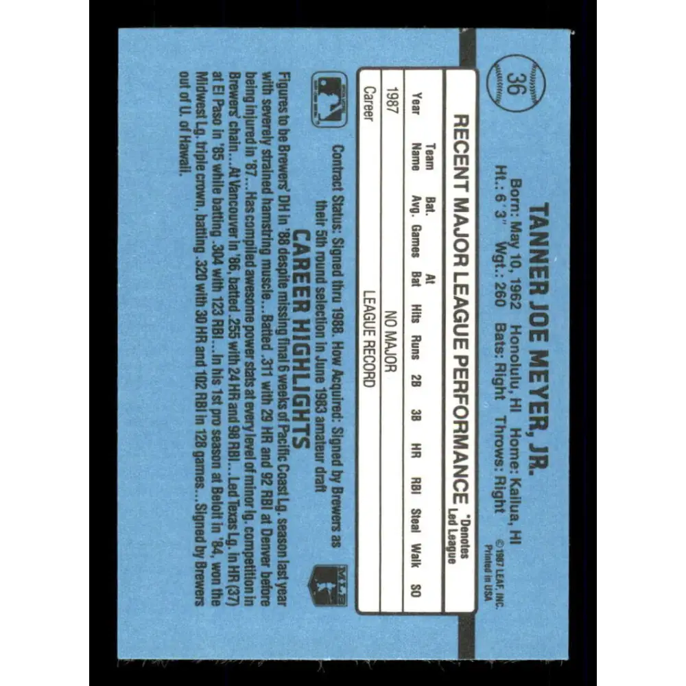 1988 Donruss #36 Joey Meyer EX Milwaukee Brewers Baseball Card Image 2