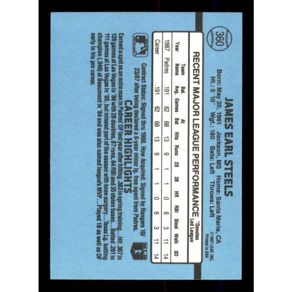 1988 Donruss #360 James Steels EX San Diego Padres Baseball Card Image 2