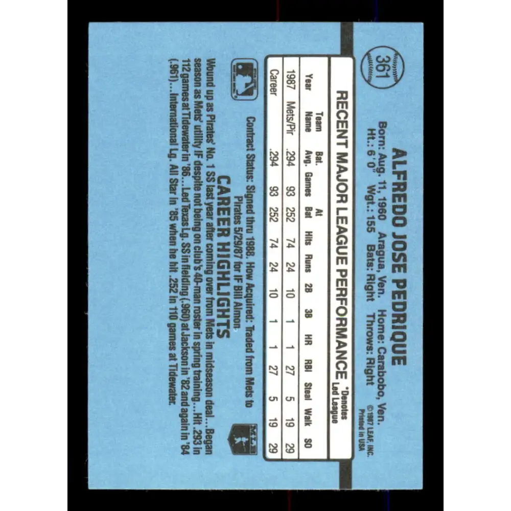 1988 Donruss #361 Al Pedrique EX Pittsburgh Pirates Baseball Card Image 2