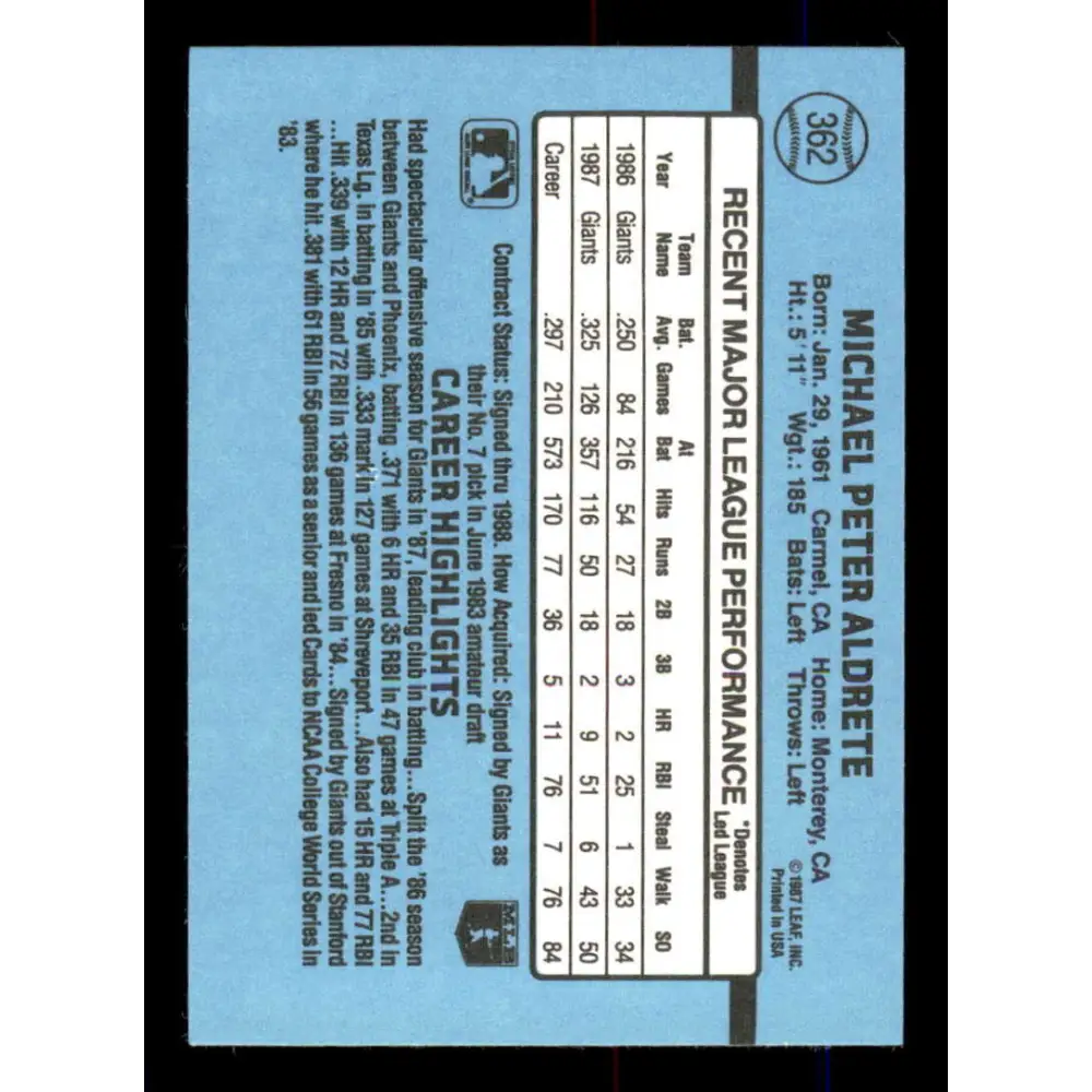 1988 Donruss #362 Mike Aldrete EX San Francisco Giants Baseball Card Image 2