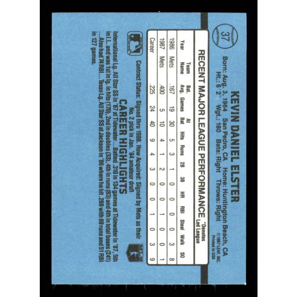 1988 Donruss #37 Kevin Elster EX New York Mets Baseball Card Image 2
