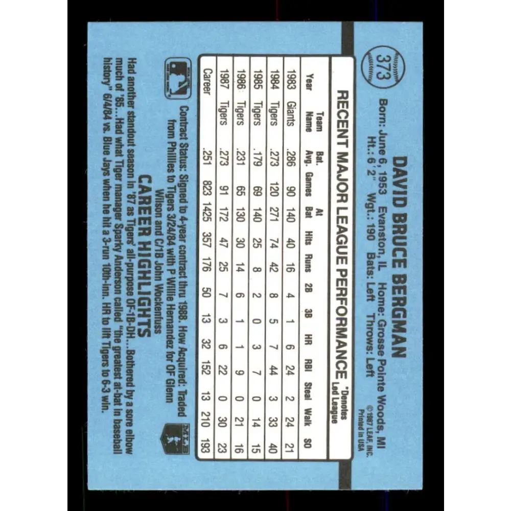 1988 Donruss #373 Dave Bergman EX Detroit Tigers Baseball Card Image 2