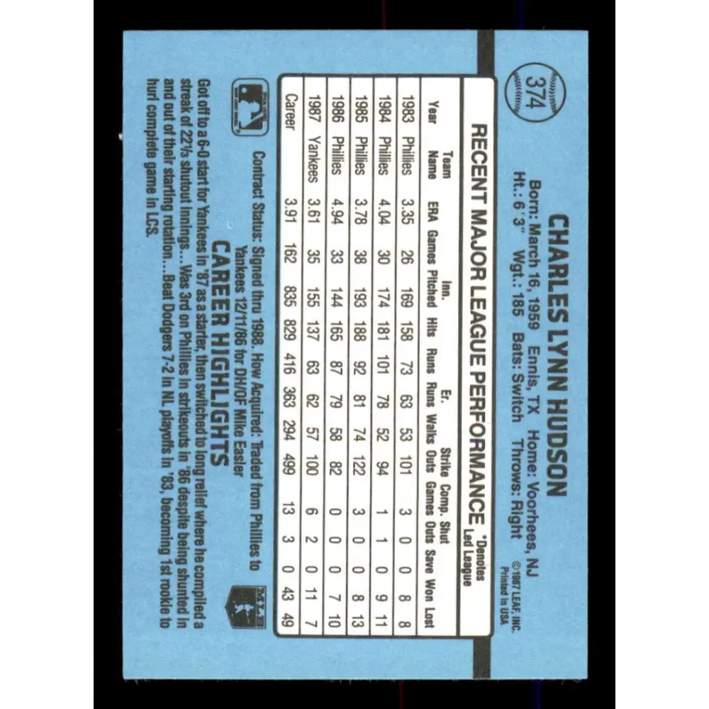 1988 Donruss #374 Charles Hudson EX New York Yankees Baseball Card Image 2
